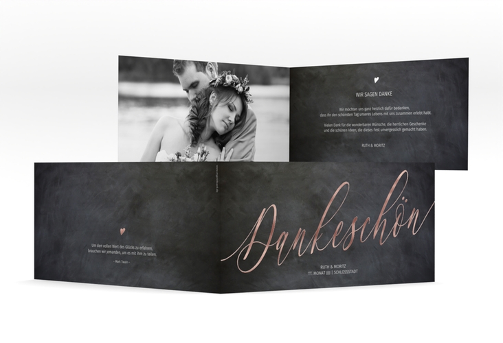 Danksagungskarte Hochzeit Chalkboard lange Klappkarte quer schwarz rosegold mit Folienveredelung