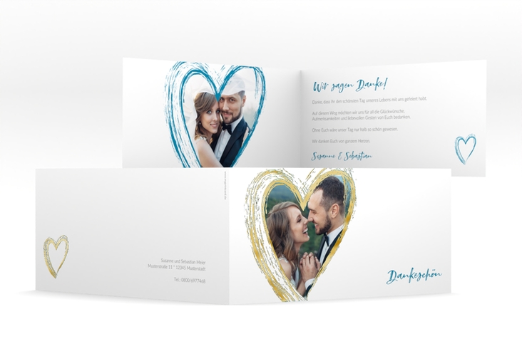 Danksagung Hochzeit Liebe lange Klappkarte quer tuerkis gold