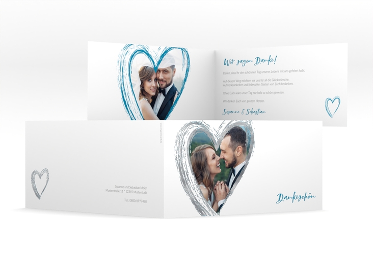 Danksagung Hochzeit Liebe lange Klappkarte quer tuerkis silber