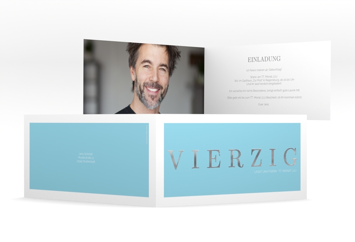 Einladung 40. Geburtstag Schlicht lange Klappkarte quer tuerkis silber