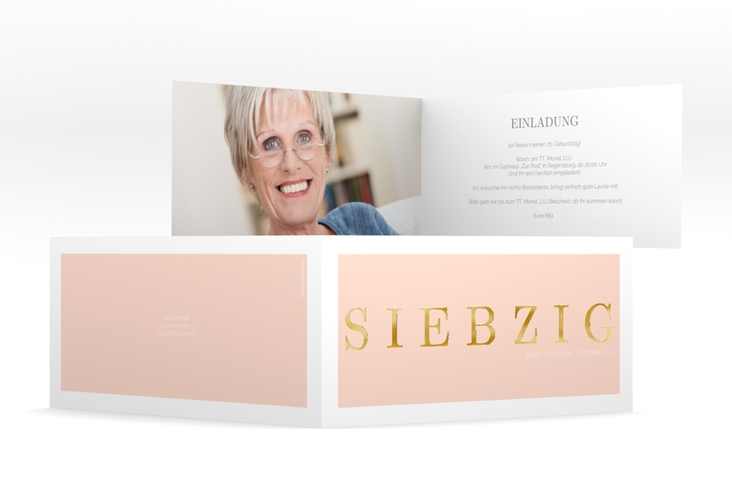 Einladung 70. Geburtstag Schlicht lange Klappkarte quer apricot gold