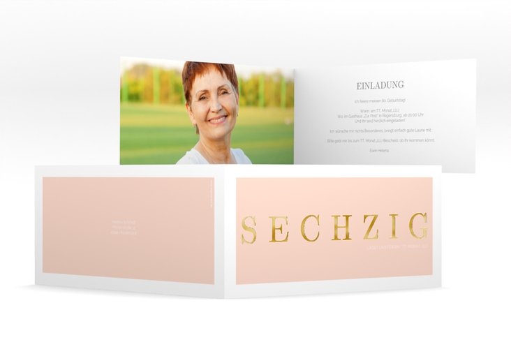 Einladung 60. Geburtstag Schlicht lange Klappkarte quer apricot gold