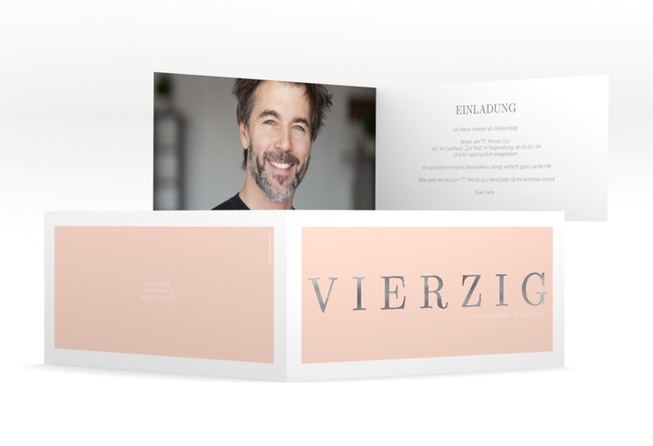 Einladung 40. Geburtstag Schlicht lange Klappkarte quer apricot silber