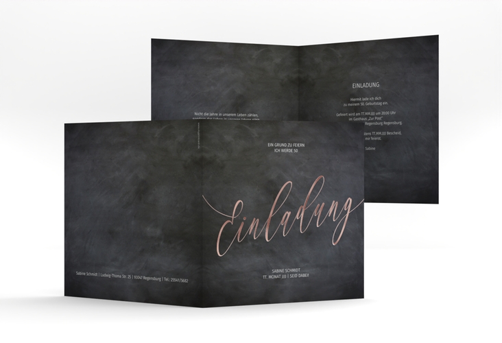 Einladung 50. Geburtstag Board quadr. Klappkarte schwarz rosegold