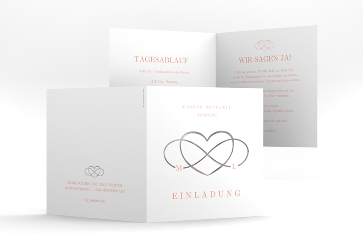Hochzeitseinladung Infinity quadr. Klappkarte apricot silber