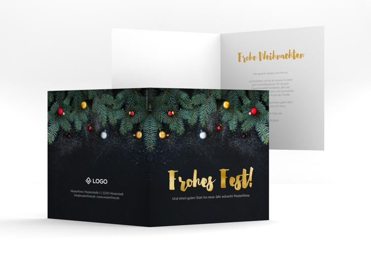Geschäftliche Weihnachtskarte Weihnachtlich quadr. Klappkarte schwarz gold mit goldener Schrift und Weihnachtsdekor