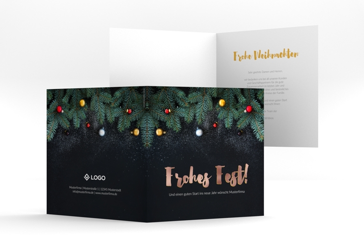 Geschäftliche Weihnachtskarte Weihnachtlich quadr. Klappkarte schwarz rosegold mit goldener Schrift und Weihnachtsdekor