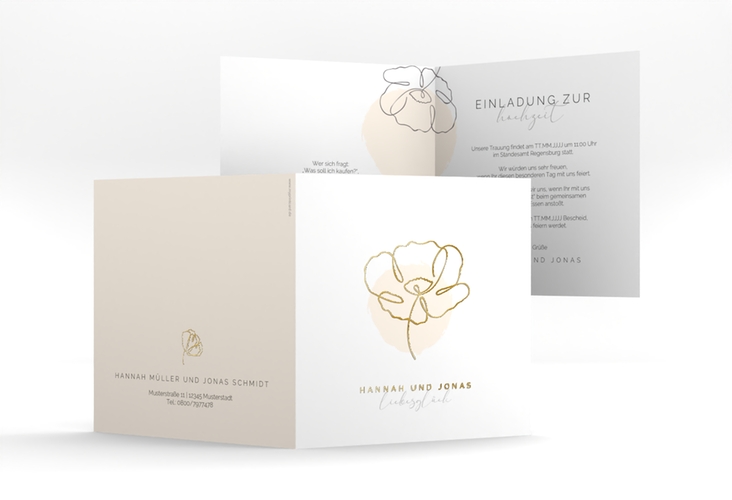 Hochzeitseinladung Flowerline quadr. Klappkarte apricot gold