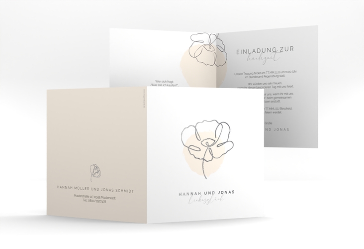 Hochzeitseinladung Flowerline quadr. Klappkarte apricot silber