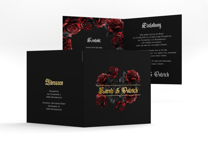 Hochzeitseinladung Gothic Rose quadr. Klappkarte schwarz gold