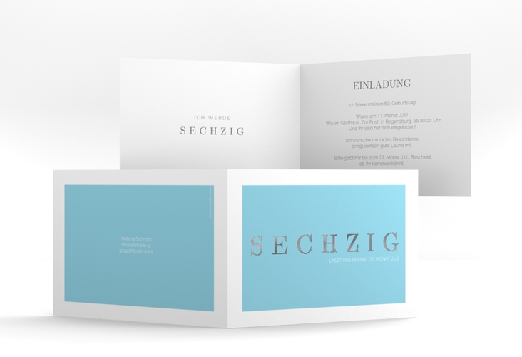 Einladung 60. Geburtstag Schlicht A6 Klappkarte quer tuerkis silber