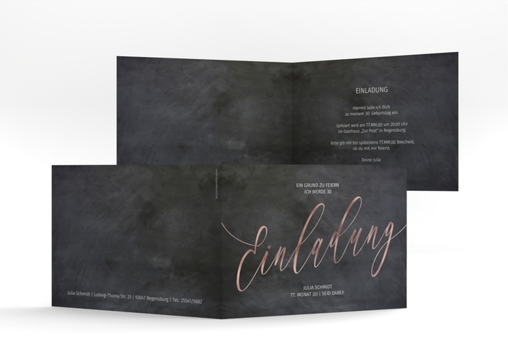 Einladung 30. Geburtstag Board A6 Klappkarte quer schwarz rosegold