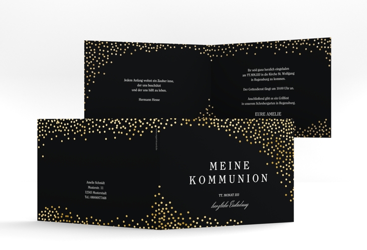 Einladung Kommunion Glanzvoll A6 Klappkarte quer schwarz gold