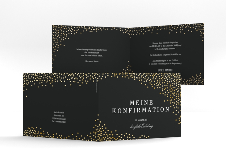 Einladung Konfirmation Glossy A6 Klappkarte quer schwarz gold