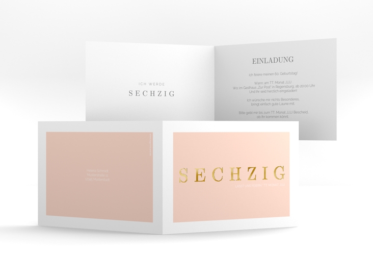 Einladung 60. Geburtstag Schlicht A6 Klappkarte quer apricot gold