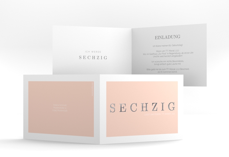 Einladung 60. Geburtstag Schlicht A6 Klappkarte quer apricot silber