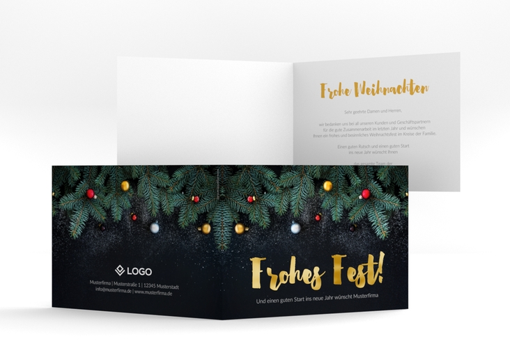 Business-Weihnachtskarte Weihnachtlich A6 Klappkarte quer schwarz gold mit Tannenzweigen und goldenem Schriftzug