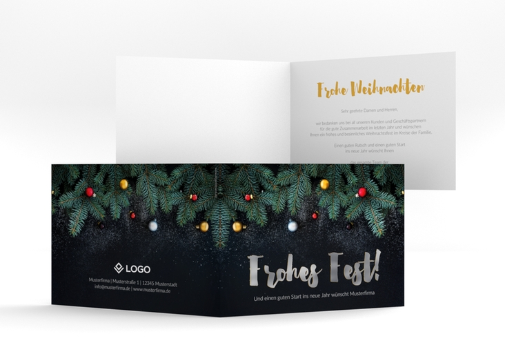 Business-Weihnachtskarte Weihnachtlich A6 Klappkarte quer schwarz silber mit Tannenzweigen und goldenem Schriftzug