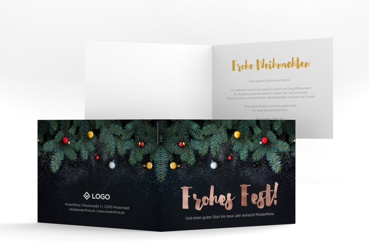 Business-Weihnachtskarte Weihnachtlich A6 Klappkarte quer schwarz rosegold mit Tannenzweigen und goldenem Schriftzug