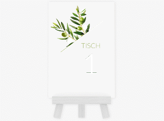 Klick: Details zu Tischnummer Hochzeit "Olivenzweig" anzeigen Tischnummer Hochzeit Olivenzweig Tischaufsteller weiss