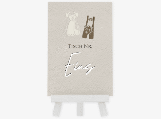 Tischnummer Hochzeit Trachtenhochzeit Tischaufsteller beige mit Dirndl und Lederhose