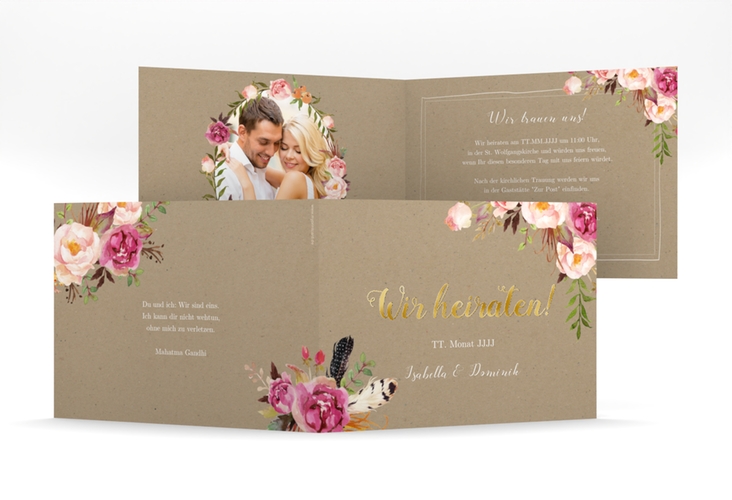 Hochzeitseinladung Flowers mittlere Klappkarte quer Kraftpapier gold mit bunten Aquarell-Blumen