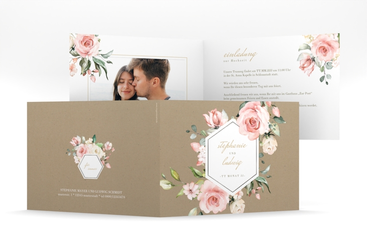 Hochzeitseinladung Graceful mittlere Klappkarte quer Kraftpapier silber mit Rosenblüten in Rosa und Weiß
