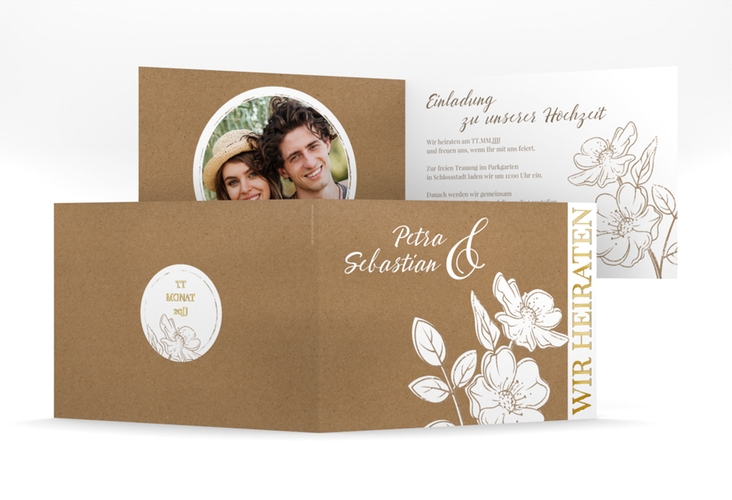 Hochzeitseinladung Windflower mittlere Klappkarte quer Kraftpapier gold mit Wildrosen