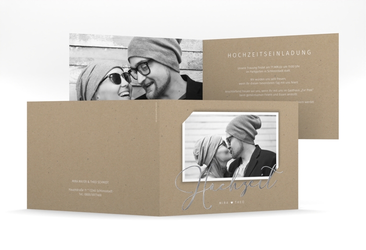 Hochzeitseinladung Crafty mittlere Klappkarte quer Kraftpapier silber mit Foto des Brautpaars