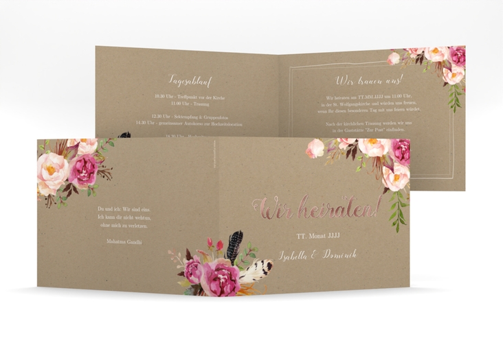 Hochzeitseinladung Flowers mittlere Klappkarte quer Kraftpapier rosegold mit bunten Aquarell-Blumen