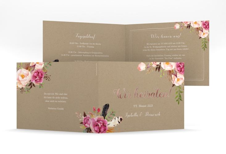 Hochzeitseinladung Flowers mittlere Klappkarte quer Kraftpapier rosegold mit bunten Aquarell-Blumen