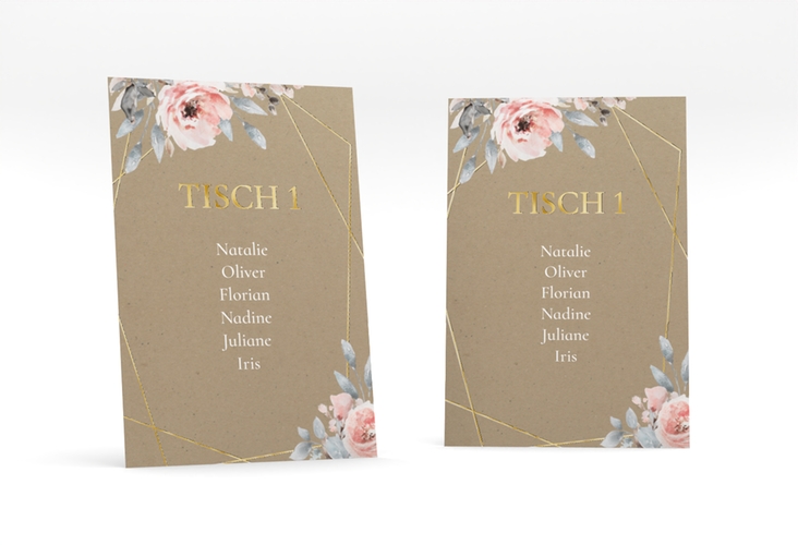 Tischaufsteller Hochzeit Perfection Tischaufsteller Kraftpapier gold mit rosa Rosen