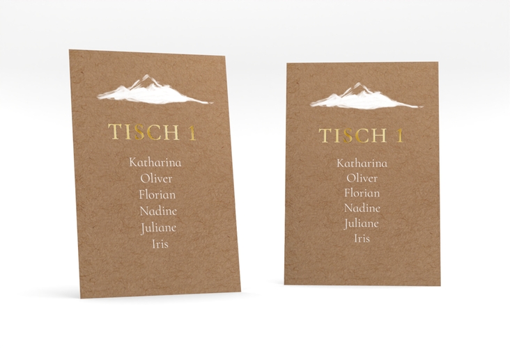 Tischaufsteller Hochzeit Berghochzeit Tischaufsteller Kraftpapier gold mit Berg-Motiv