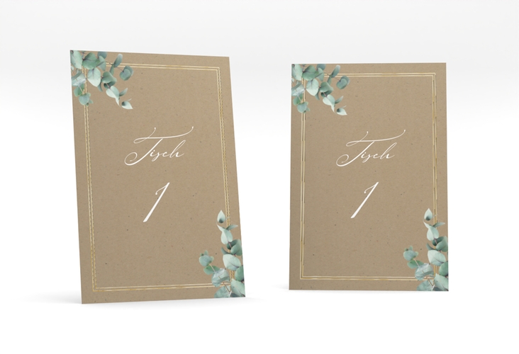 Tischnummer Hochzeit Eucalypt Tischaufsteller Kraftpapier gold mit Eukalyptus und edlem Rahmen