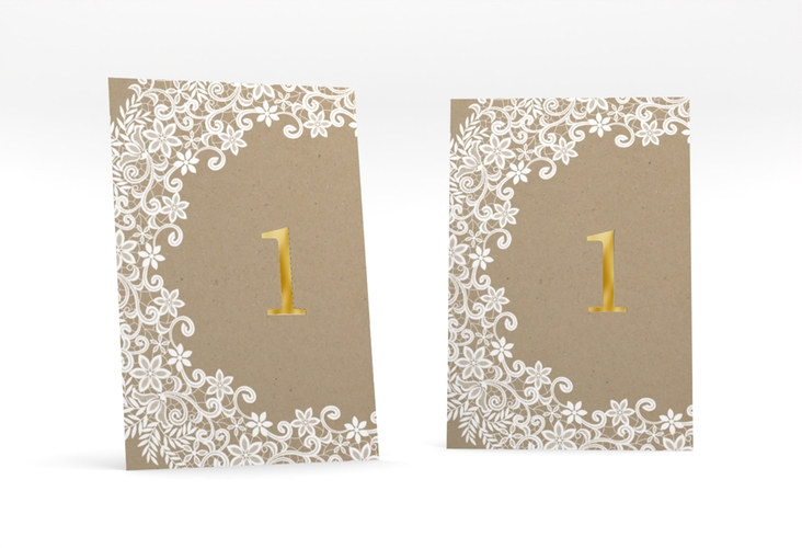 Tischnummer Hochzeit Mariage Tischaufsteller Kraftpapier gold mit Bogen aus weißer Spitze