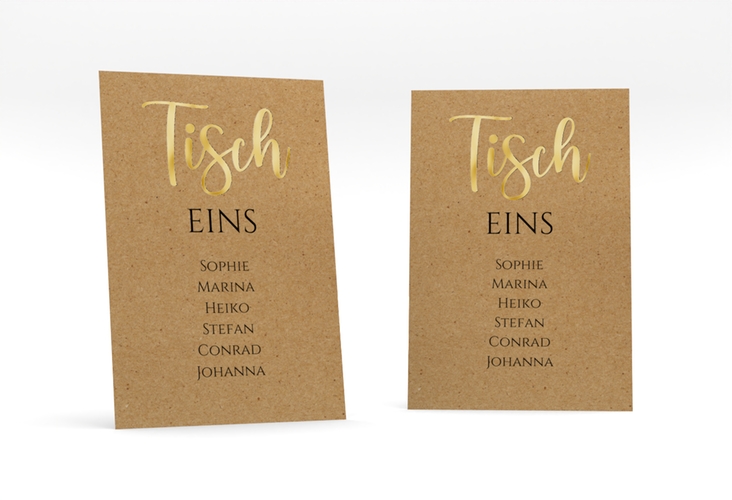 Tischaufsteller Hochzeit Noble Tischaufsteller Kraftpapier gold mit elegantem Schriftzug