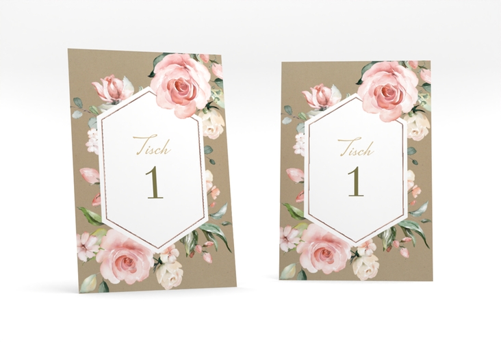 Tischnummer Hochzeit Graceful Tischaufsteller Kraftpapier rosegold mit Rosenblüten in Rosa und Weiß