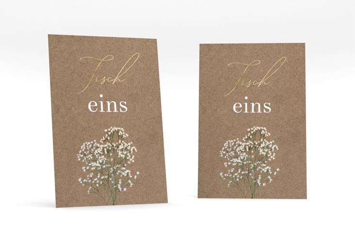 Tischnummer Hochzeit Schleierkraut Tischaufsteller Kraftpapier gold