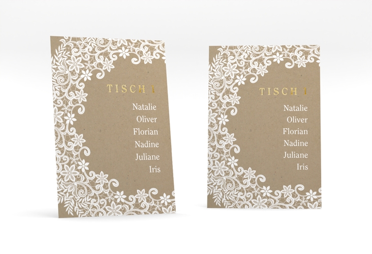 Tischaufsteller Hochzeit Mariage Tischaufsteller Kraftpapier gold mit Bogen aus weißer Spitze