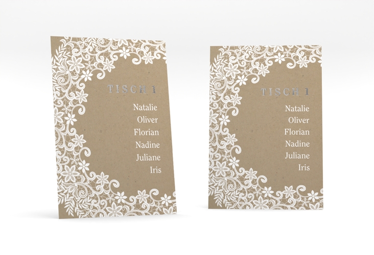 Tischaufsteller Hochzeit Mariage Tischaufsteller Kraftpapier silber mit Bogen aus weißer Spitze