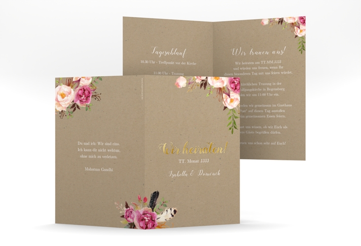 Einladungskarte Hochzeit Flowers A6 Klappkarte hoch Kraftpapier gold mit bunten Aquarell-Blumen