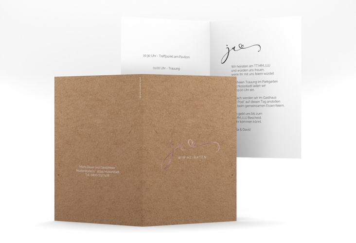 Hochzeitseinladung Jawort A6 Klappkarte hoch Kraftpapier rosegold modern minimalistisch mit veredelter Aufschrift