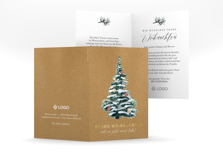 Geschäftliche Weihnachtskarte Wintertanne A6 Klappkarte hoch Kraftpapier gold mit dekoriertem Tannenbaum voll Schnee