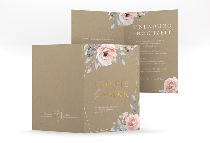 Einladungskarte Hochzeit Perfection A6 Klappkarte hoch Kraftpapier gold mit rosa Rosen