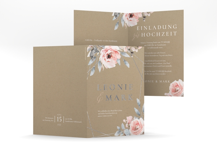 Einladungskarte Hochzeit Perfection A6 Klappkarte hoch Kraftpapier silber mit rosa Rosen