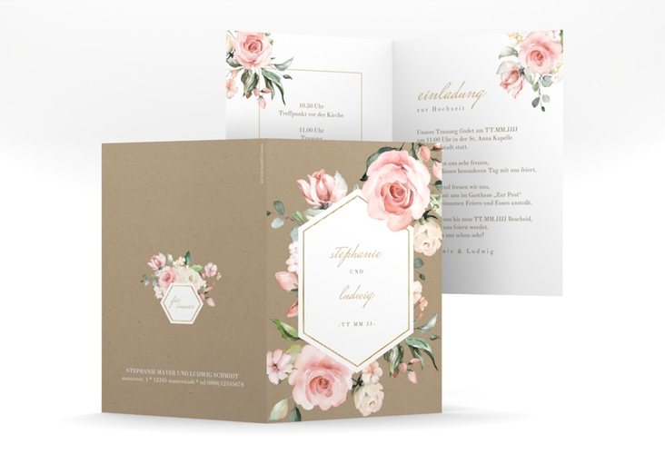 Einladungskarte Hochzeit Graceful A6 Klappkarte hoch Kraftpapier gold mit Rosenblüten in Rosa und Weiß