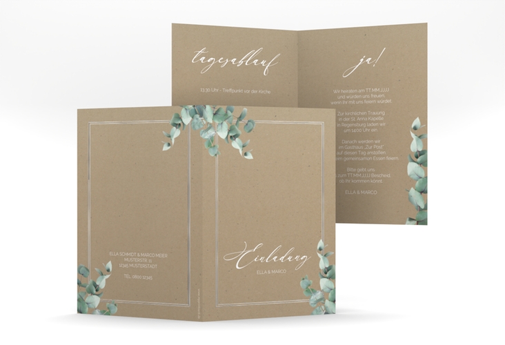 Einladungskarte Hochzeit Eucalypt A6 Klappkarte hoch Kraftpapier silber mit Eukalyptus und edlem Rahmen