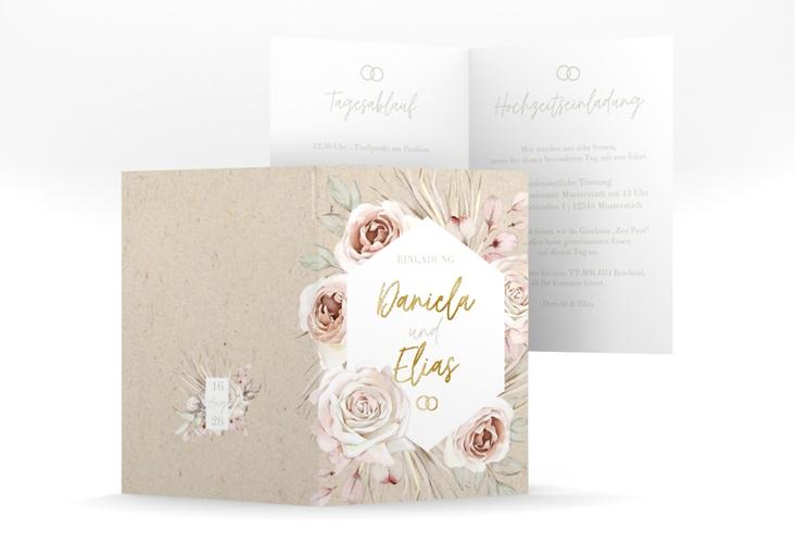 Einladungskarte Hochzeit Bohorose A6 Klappkarte hoch Kraftpapier gold