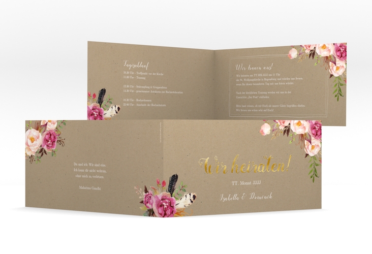 Hochzeitseinladung Flowers lange Klappkarte quer Kraftpapier gold mit bunten Aquarell-Blumen