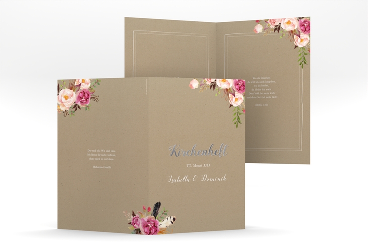 Kirchenheft Hochzeit Flowers A5 Klappkarte hoch Kraftpapier silber mit bunten Aquarell-Blumen